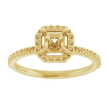 Yellow gold halo engagement ring setting with asscher-cut stone center and beaded detailing on band and halo.