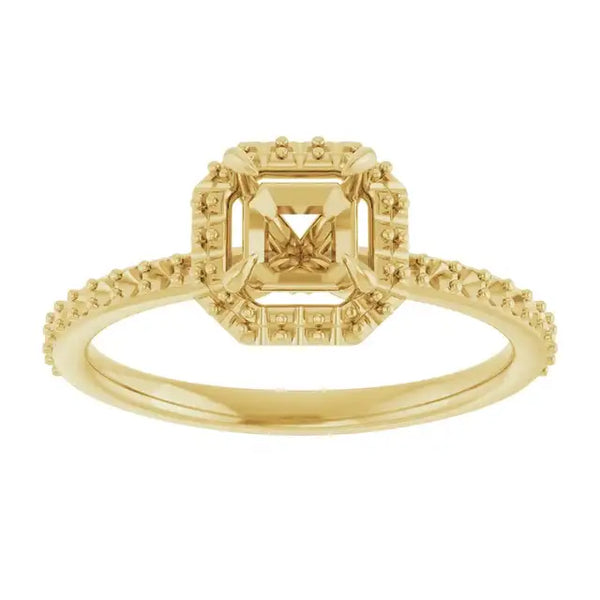 Yellow gold halo engagement ring setting with asscher-cut stone center and beaded detailing on band and halo.