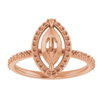 Rose gold halo engagement ring setting with oval marquise center stone mount and decorative side accents.