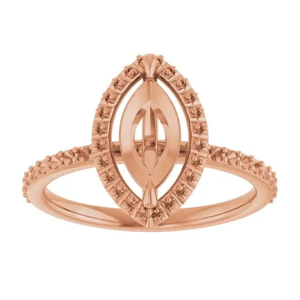 Rose gold halo engagement ring setting with oval marquise center stone mount and decorative side accents.