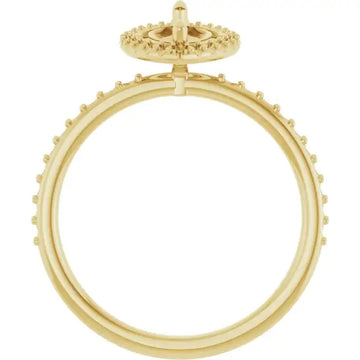 Gold ring setting with halo crown and small decorative stones around band, designed for marquise-shaped center stone.