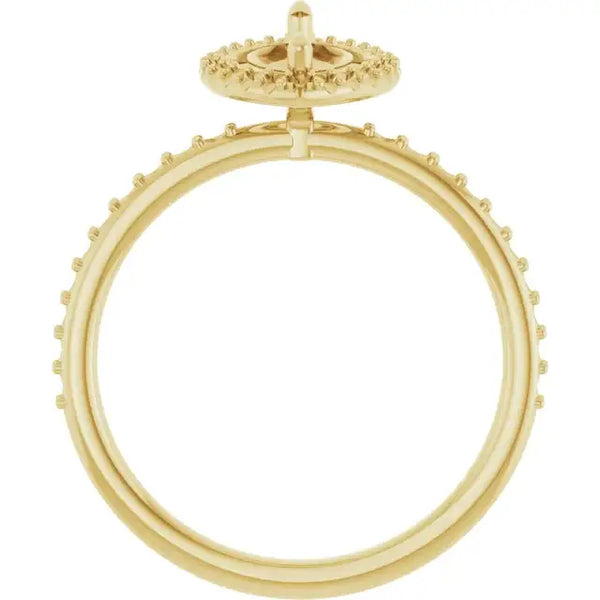 Gold ring setting with halo crown and small decorative stones around band, designed for marquise-shaped center stone.