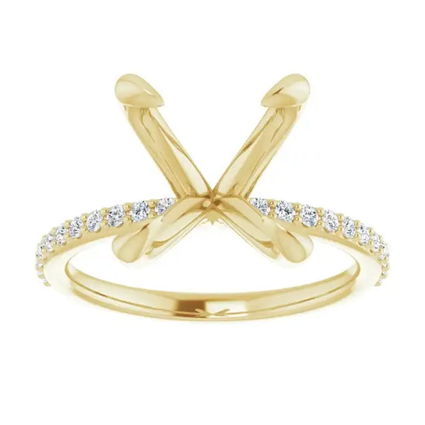 Gold engagement ring setting with crossed prongs and diamond-studded band for oval stones.