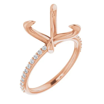 Rose gold engagement ring setting with cross-shaped top and diamond accents along the band.