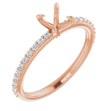 Rose gold engagement ring setting with square stone prong setting and diamond accents along the band.