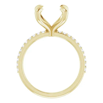 Gold engagement ring setting with curved prongs and diamond accents around the band.