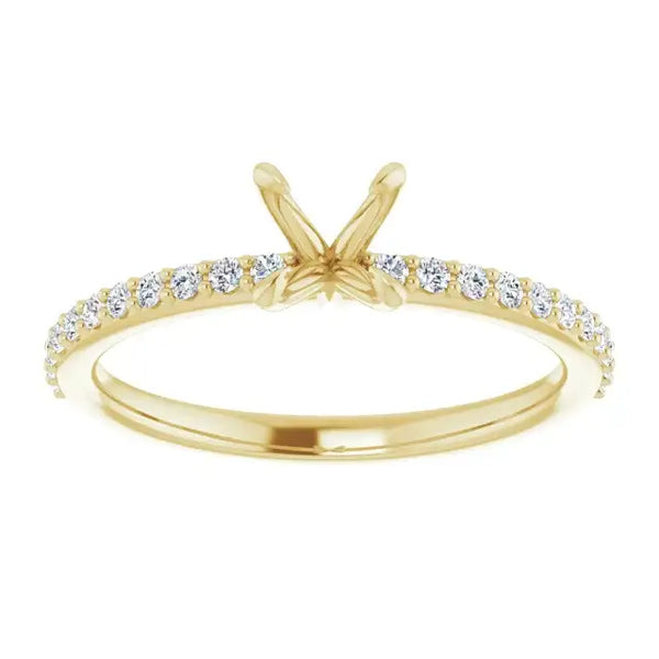 Yellow gold engagement ring setting with round diamond accents along the band and V-shaped prongs for square stone.