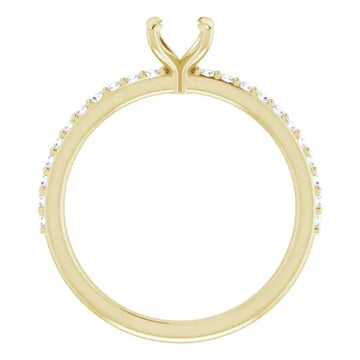 Yellow gold engagement ring setting with split prongs and diamond accents along the band.