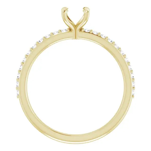 Yellow gold engagement ring setting with split prongs and diamond accents along the band.