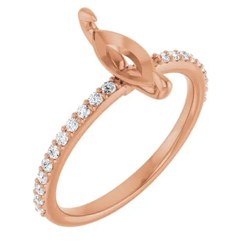Rose gold engagement ring setting with marquise-shaped stone holder and round diamond accents along the band.