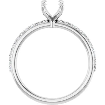 White metal engagement ring setting with emerald-cut stone holder and diamond accents along the band.