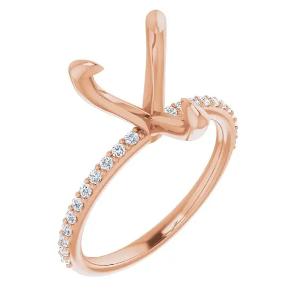 Rose gold engagement ring setting with heart-shaped stone holder and diamond-accented band.