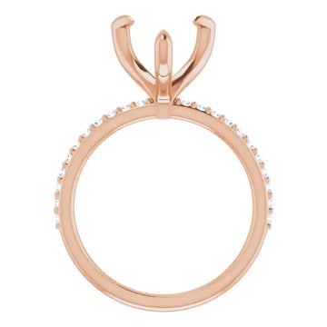 Rose gold engagement ring setting with V-shaped prongs and diamond accents along the band.