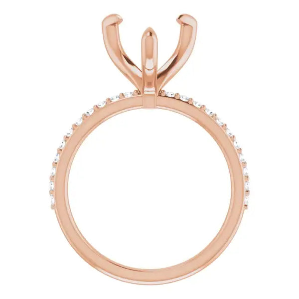 Rose gold engagement ring setting with V-shaped prongs and diamond accents along the band.