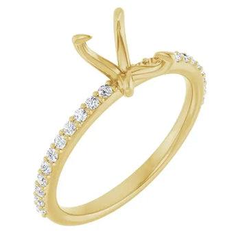 Gold engagement ring setting with emerald-cut stone holder and diamonds along the band.