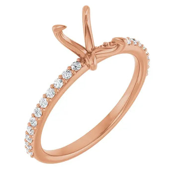Rose gold engagement ring setting with decorative prongs and round lab-grown diamonds along the band.