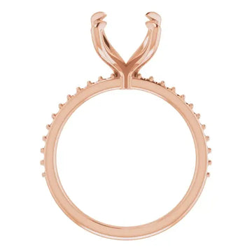 Rose gold engagement ring setting with curved prongs and diamond accents around the band.