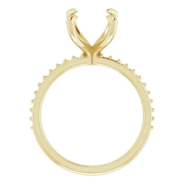 Gold engagement ring setting with curved prongs and diamond accents along the band, sized for square stones.
