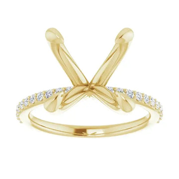 Gold engagement ring setting with crossed prongs and diamond-accented band, designed for asscher cut stones.