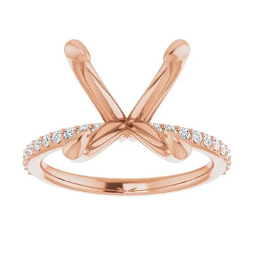 Rose gold engagement ring setting with crossed prongs and diamond-studded band, designed for asscher cut stones.