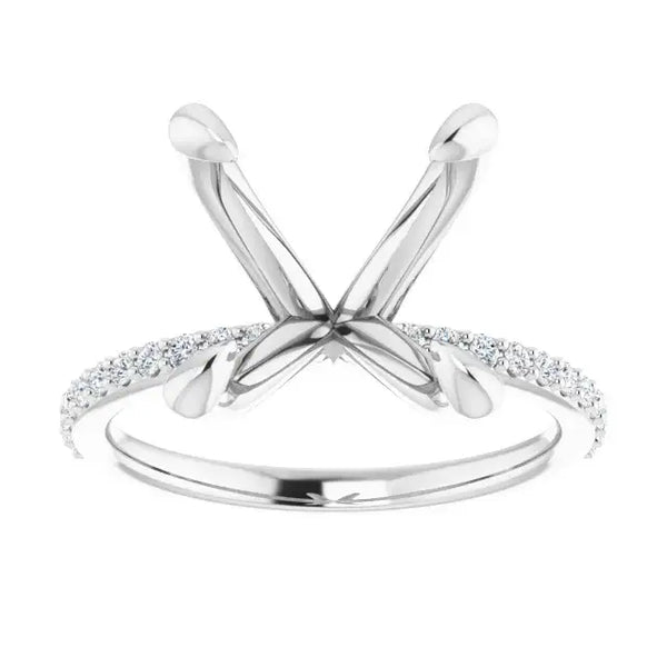 Silver engagement ring setting with crossed prongs and diamond-accented band, designed for asscher cut stones.