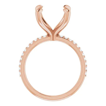 Rose gold engagement ring setting with curved prongs and diamond accents along the band.