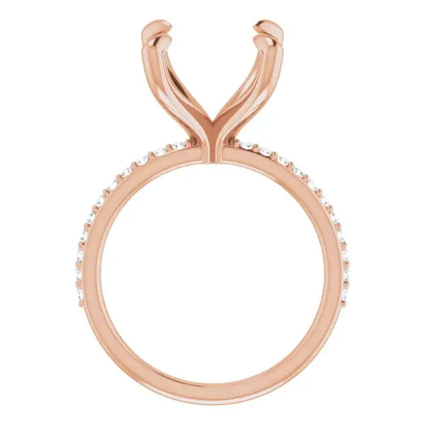 Rose gold engagement ring setting with curved prongs and diamond accents along the band.
