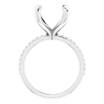 White metal engagement ring setting with V-shaped prongs and diamond accents along the band.