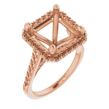 Rose gold engagement ring setting with square halo frame and textured band accents, designed for asscher cut stones.