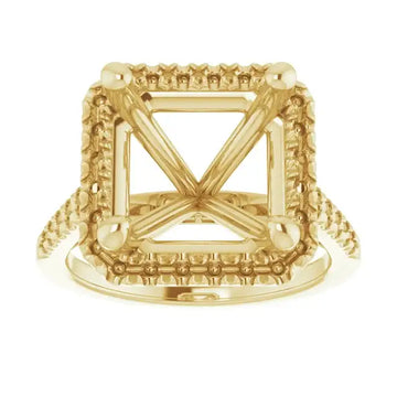 Yellow gold ring setting with square frame, decorative beaded border, and crossed interior supports for asscher cut stone.
