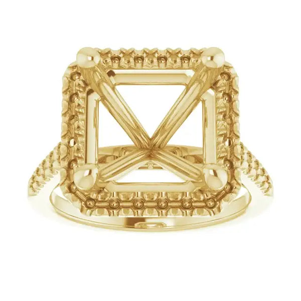 Yellow gold ring setting with square frame, decorative beaded border, and crossed interior supports for asscher cut stone.