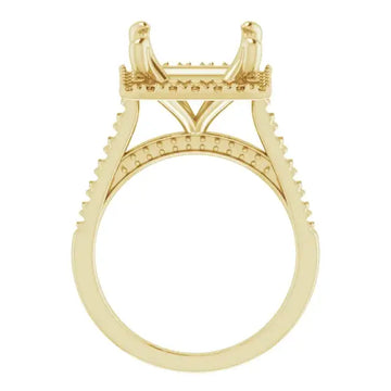 Yellow gold engagement ring setting with decorative accents on band and squared stone holder.