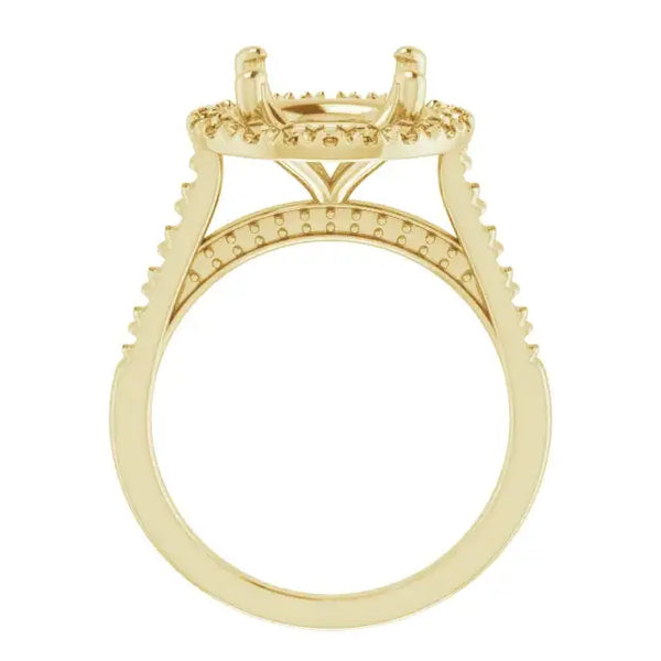 Yellow gold engagement ring setting with decorative accents and open center for round stone.