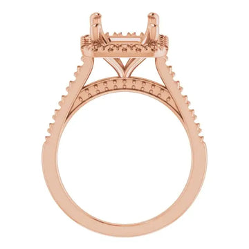 Rose gold engagement ring setting with decorative accents and empty center stone seat, shown from front view.