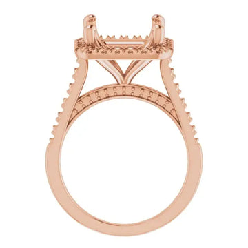 Rose gold engagement ring setting with asscher stone holder, decorative beaded accents on band and gallery.