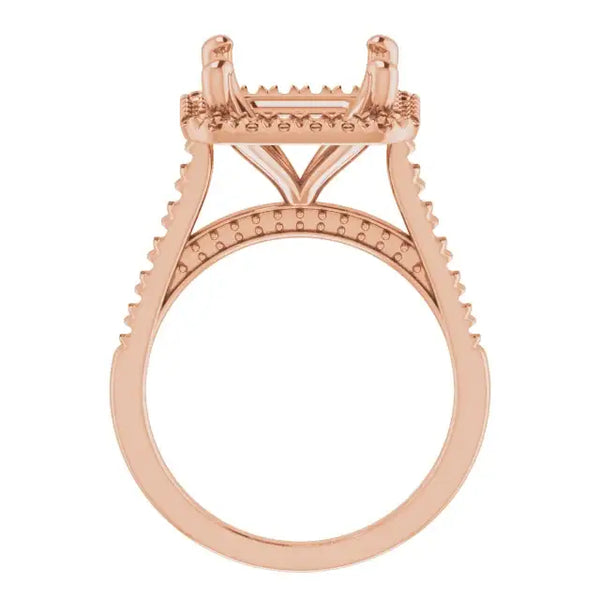 Rose gold engagement ring setting with asscher stone holder, decorative beaded accents on band and gallery.