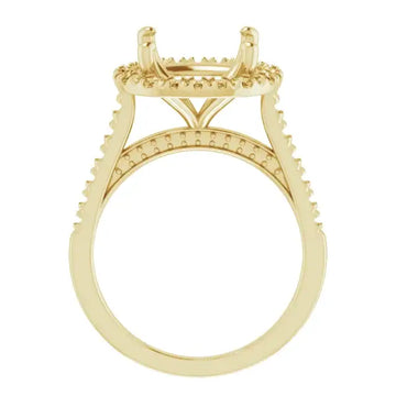 Gold engagement ring setting with cushion stone mount, decorative beaded accents on band and halo.
