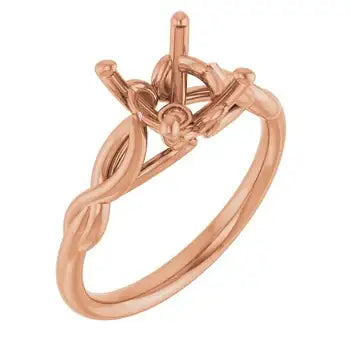 Rose gold solitaire engagement ring setting with twisted band and empty prong head for round stone.