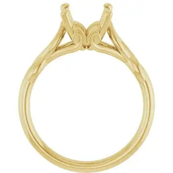 Gold solitaire ring setting with oval stone mount and split shank design, shown from above.