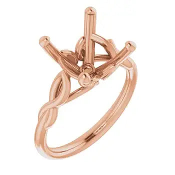 Rose gold solitaire engagement ring setting with four-prong cushion stone mount and twisted band detail.