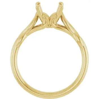 Gold solitaire engagement ring setting with curved prongs and polished band, empty center for round stone.