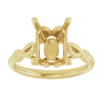 Gold solitaire engagement ring setting with oval stone holder and ornate shoulders, front view.