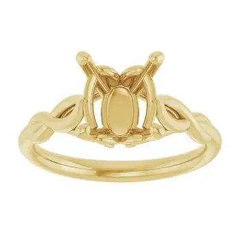 Gold solitaire engagement ring setting with oval stone head and curved band.