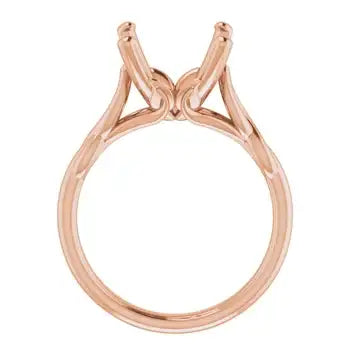 Rose gold solitaire engagement ring setting with cushion stone prongs and curved band.
