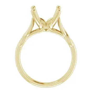 Gold solitaire engagement ring setting with open prongs designed for cushion-cut stones.