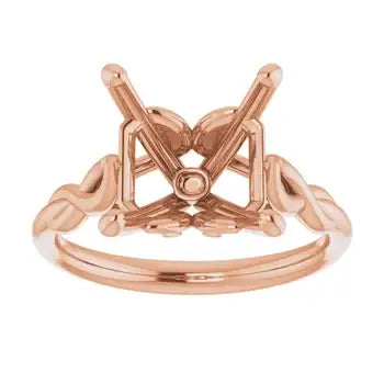 Rose gold solitaire ring setting with angular geometric head designed for asscher cut stones, shown from front view.