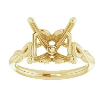 Gold solitaire engagement ring setting with open geometric crown design for asscher cut stones.