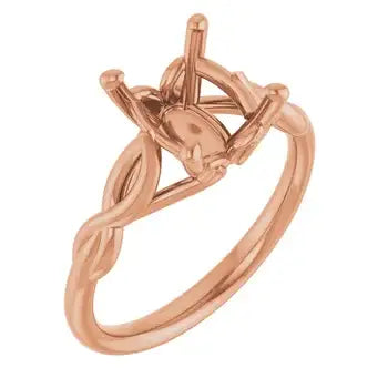 Rose gold solitaire ring setting with oval stone holder and twisted band design.