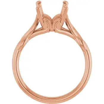 Rose gold solitaire ring setting with open prongs and textured band, empty center stone position.