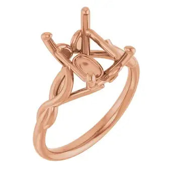Rose gold solitaire ring setting with twisted band and open center stone mounting.